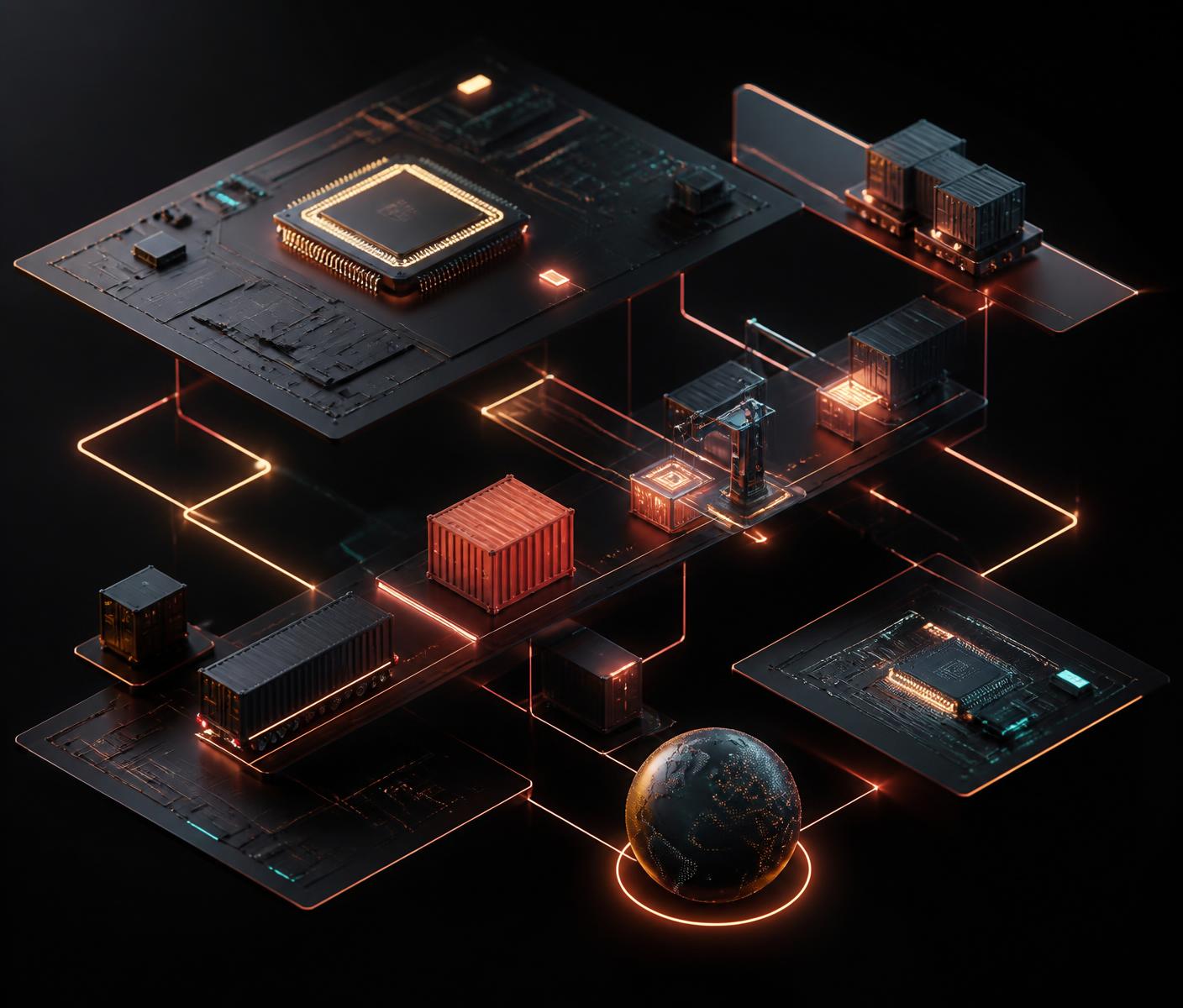 Abstract composition of circuit boards, glowing signal traces and freight modules representing electronics supply